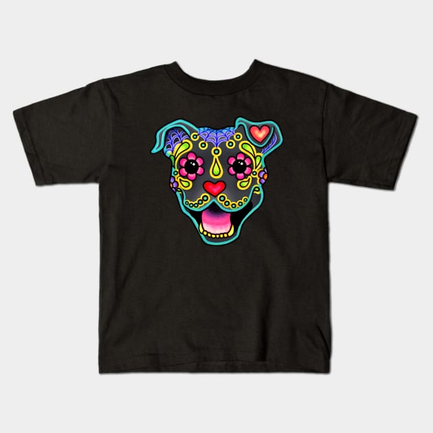 Smiling Pit Bull in Blue - Day of the Dead Pitbull Sugar Skull Dog Kids T-Shirt by prettyinink